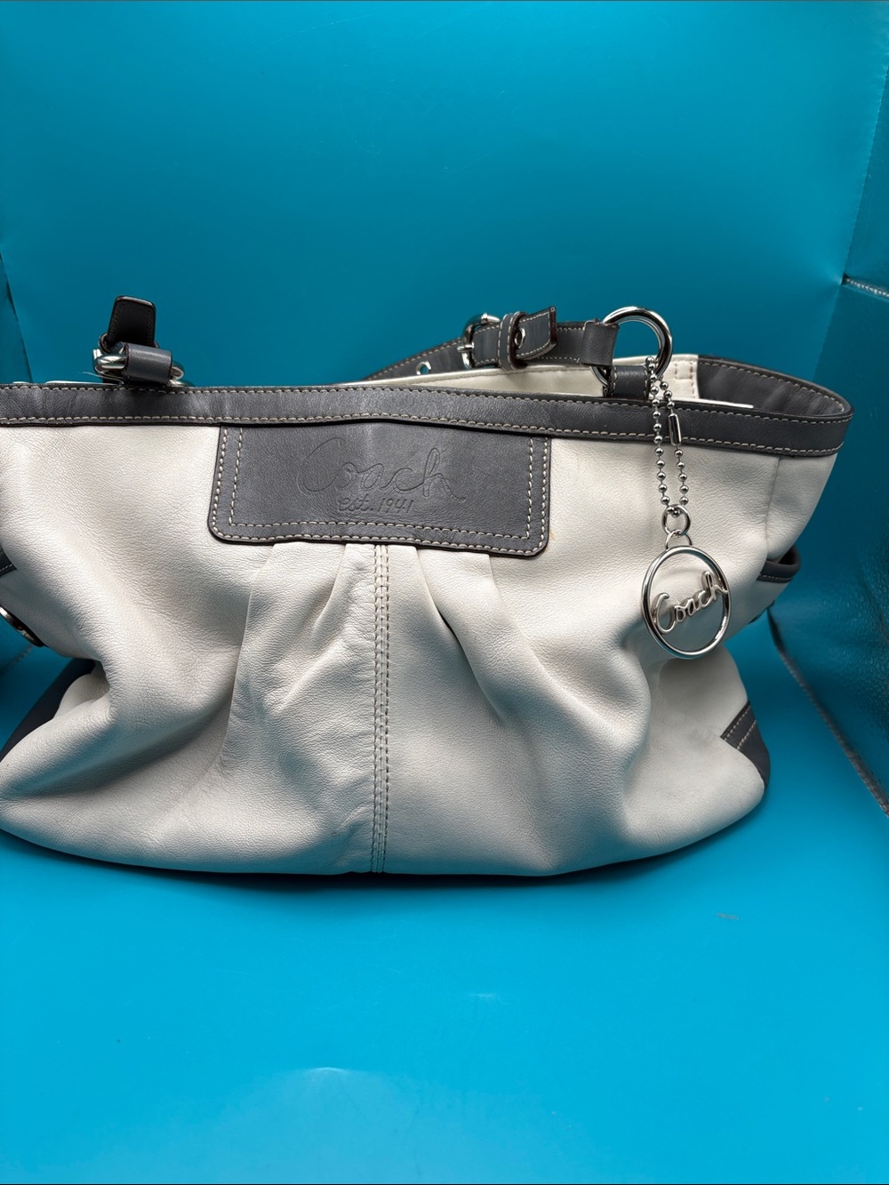 Coach Two-Tone Leather Shoulder Bag - Cream & Grey With Purple inside